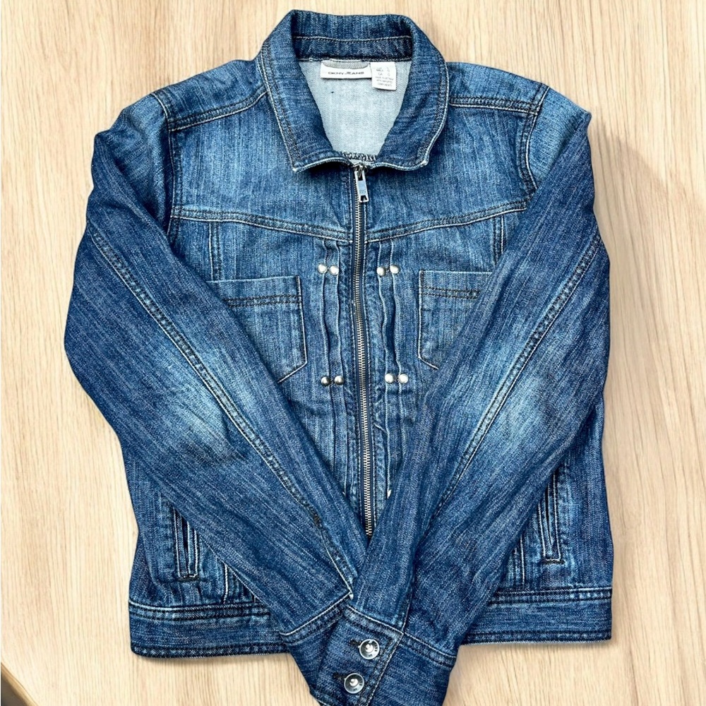 DKNY Front Full Zip Denim Jean Jacket with Rivet Details Pockets Casual Size L